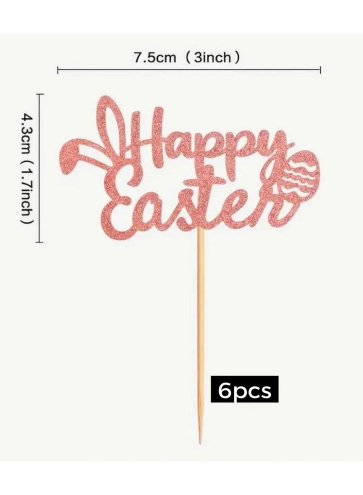 6pcs Happy Easter Cupcake Cake Topper, Rose Gold Glitter Baking Decorating Festive Eastern Bunny Eggs Season Dessert Muffin Celebration Party Supplies Surprise Gift - Image 3